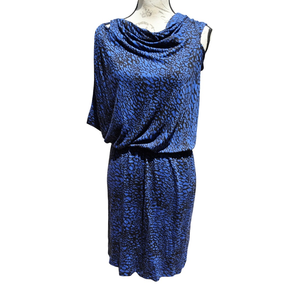 Tart Collections NWT Blue Black Animal Print Cowl Neck Blouson Sheath Dress L - Picture 2 of 11